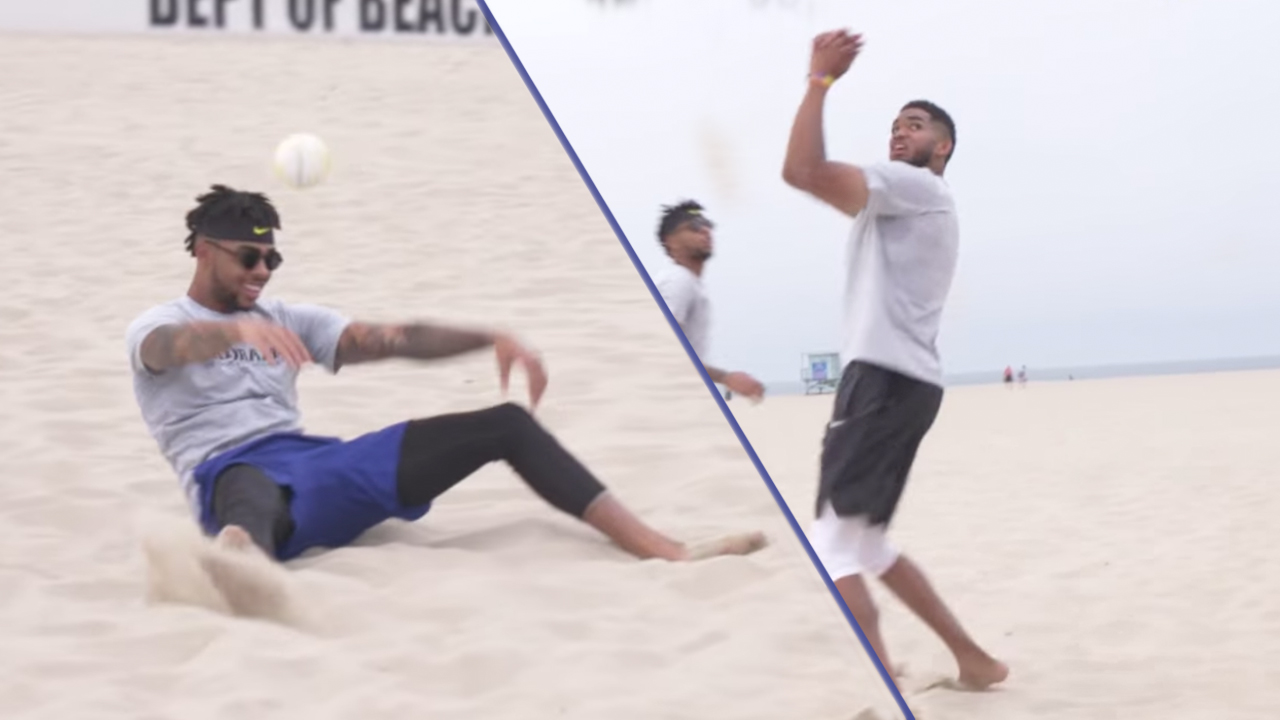 Karl-Anthony Towns and D'Angelo Russell Play Beach Volleyball