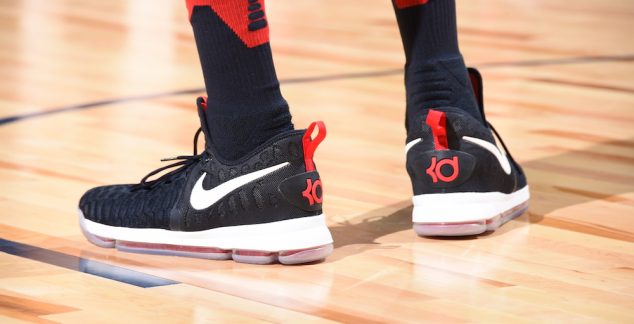 OAKLAND, CA - JULY 26: The shoes of Kevin Durant #5 of the USA Basketball Men's National Team are seen during the game against China on July 26, 2016 at ORACLE Arena in Oakland, California. NOTE TO USER: User expressly acknowledges and agrees that, by downloading and/or using this Photograph, user is consenting to the terms and conditions of the Getty Images License Agreement. Mandatory Copyright Notice: Copyright 2016 NBAE (Photo by Andrew D. Bernstein/NBAE via Getty Images)