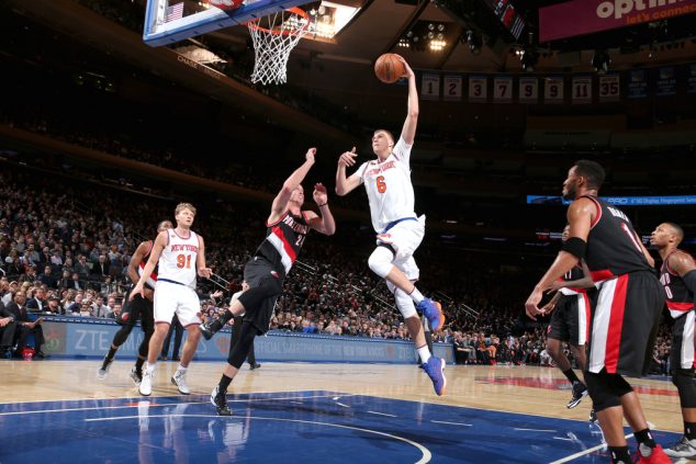 NEW YORK, NY - NOVEMBER 22: Kristaps Porzingis #6 of the New York Knicks goes to the basket against the Portland Trail Blazers on November 22, 2016 at Madison Square Garden in New York City, New York. NOTE TO USER: User expressly acknowledges and agrees that, by downloading and or using this photograph, User is consenting to the terms and conditions of the Getty Images License Agreement. Mandatory Copyright Notice: Copyright 2016 NBAE (Photo by Nathaniel S. Butler/NBAE via Getty Images)